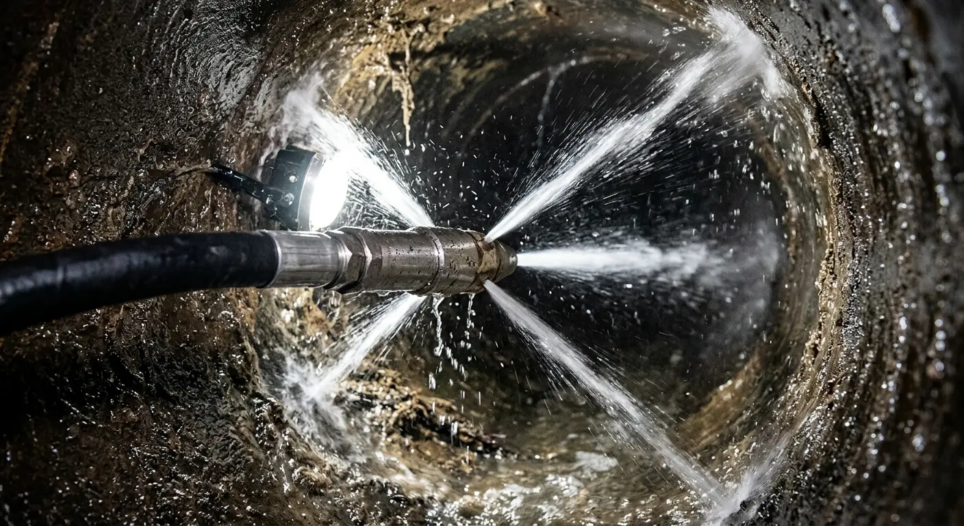 High-pressure hydro jetting nozzle cleaning sewer pipe for Emergency Drain Service in Social Circle