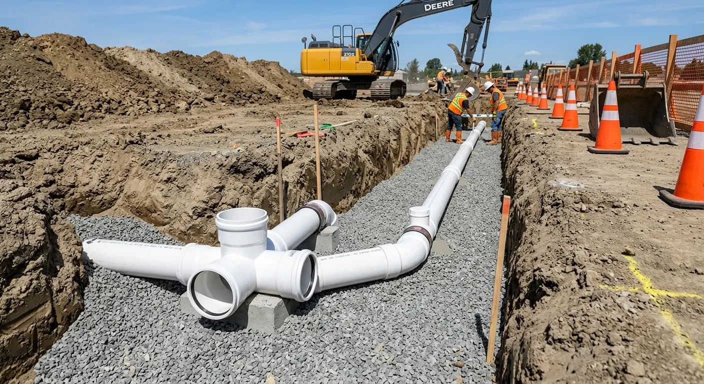 New PVC sewer pipe installation in open trench for Grease Trap Cleaning in Social Circle