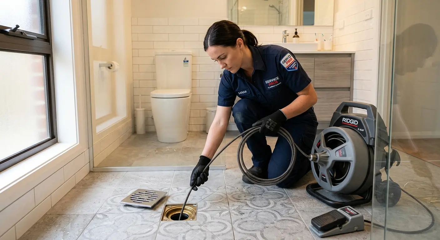 Technician clearing a bathroom floor drain for Drain Repair in Social Circle